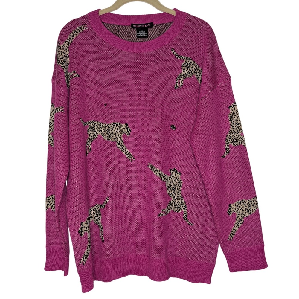 Trendy Threads‎ 1X Sweater Pink Animal Print Pullover Knit Cotton Blend